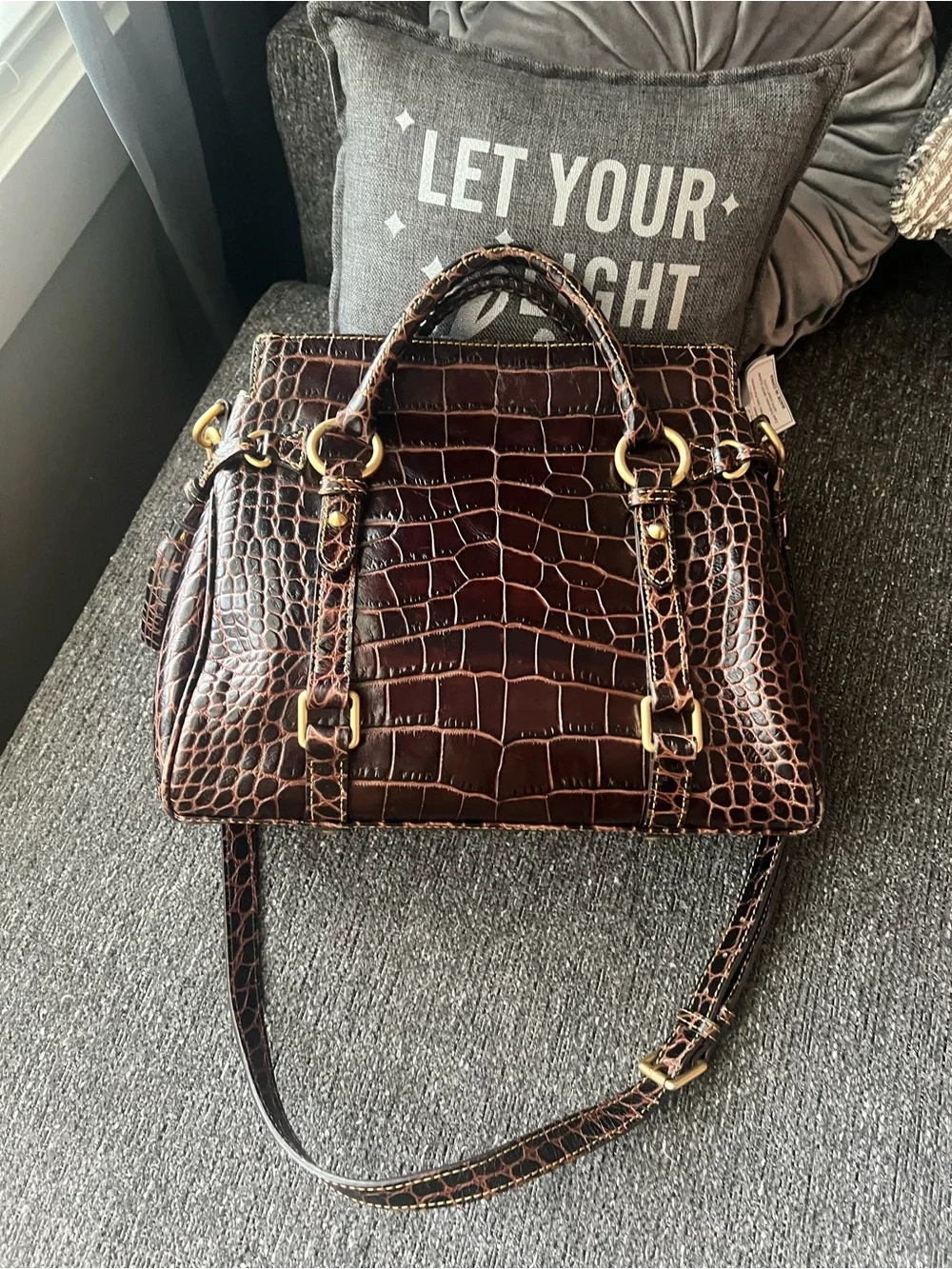 Dooney & Bourke Dark Brown Croc-Embossed Leather Satchel